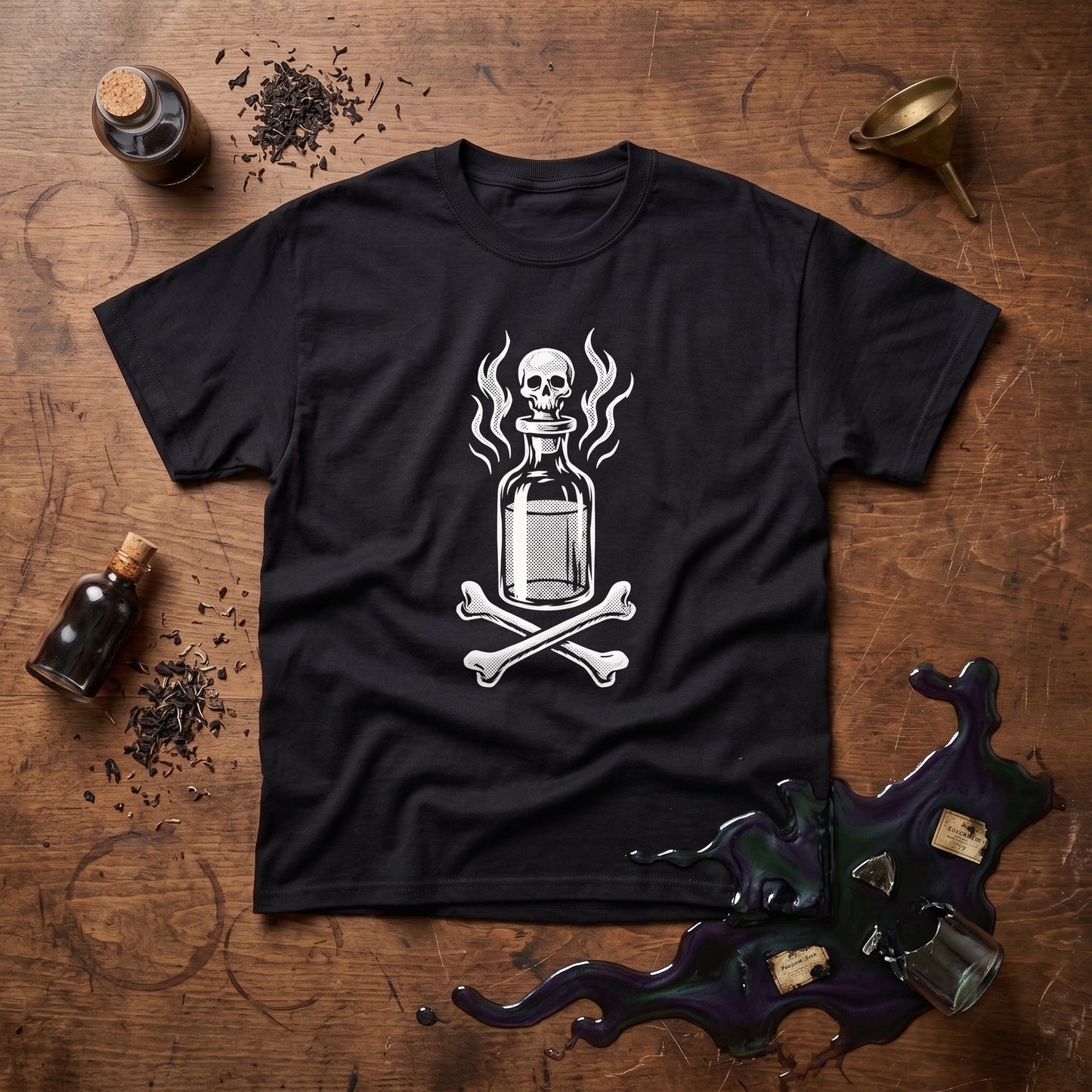 Drink Your Poison black graphic tee, styled flat lay