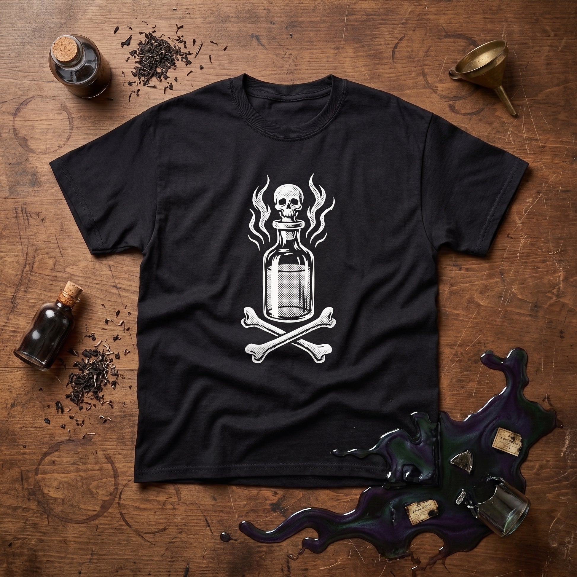 Drink Your Poison black graphic tee, styled flat lay