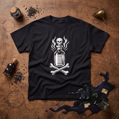 Drink Your Poison black graphic tee, styled flat lay
