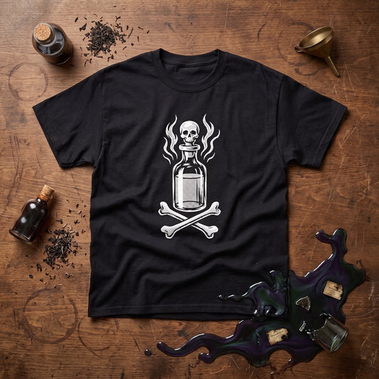 Drink Your Poison black graphic tee, styled flat lay