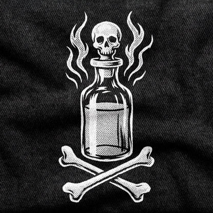 Drink Your Poison design printed on a black cotton tee, close-up