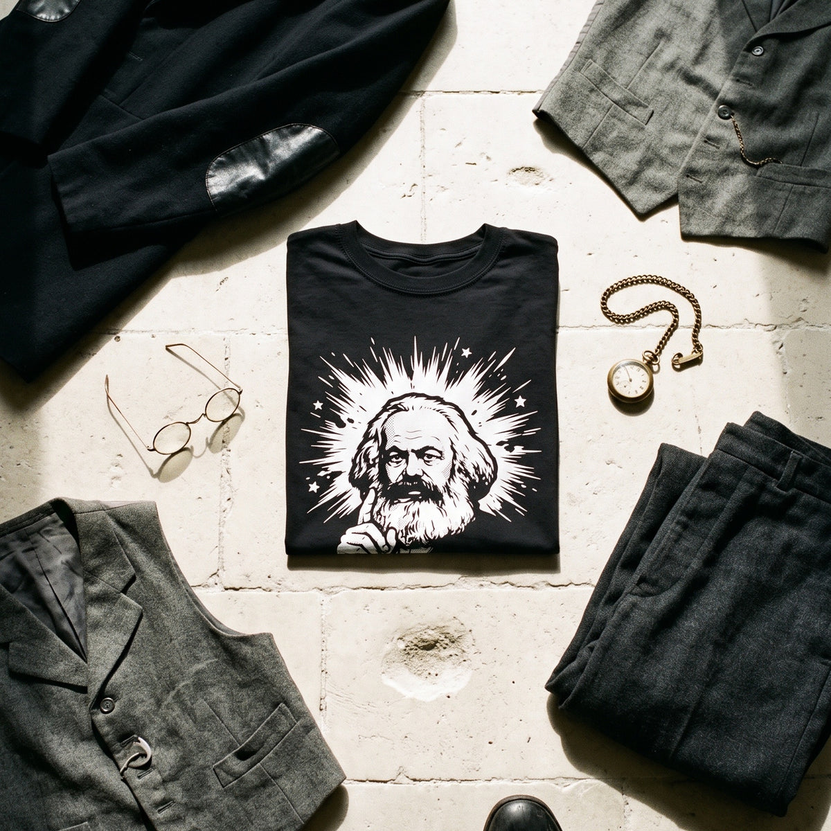 Marx My Words black graphic tee styled in a flat lay with matching pieces