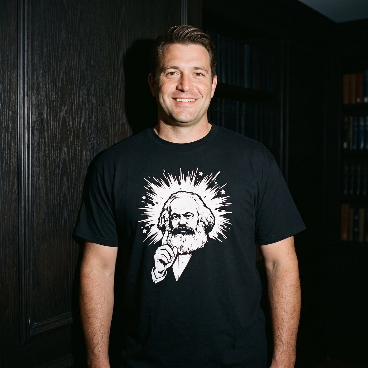 Man wearing the Marx My Words black graphic tee