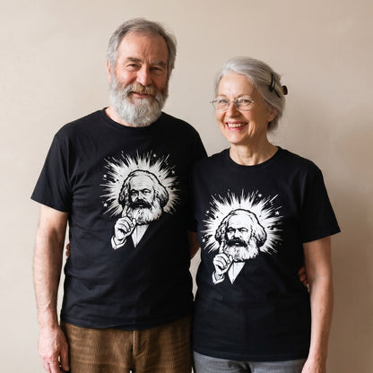 Two models wearing the Marx My Words black graphic tee