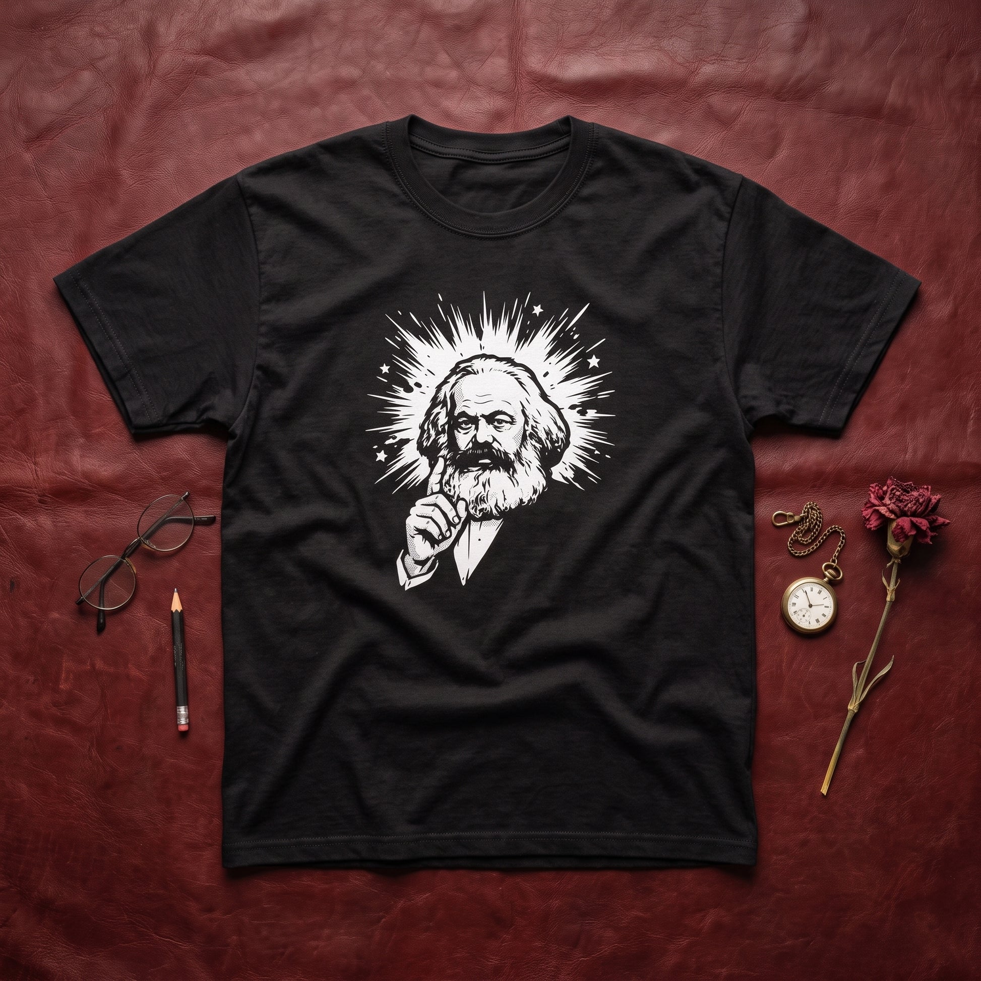 Marx My Words black graphic tee, styled flat lay