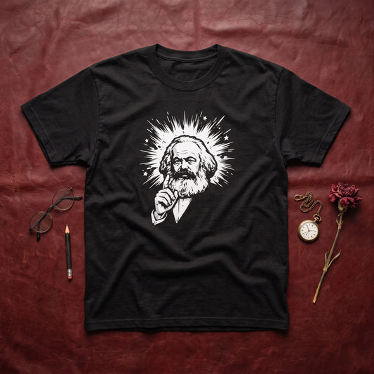 Marx My Words black graphic tee, styled flat lay