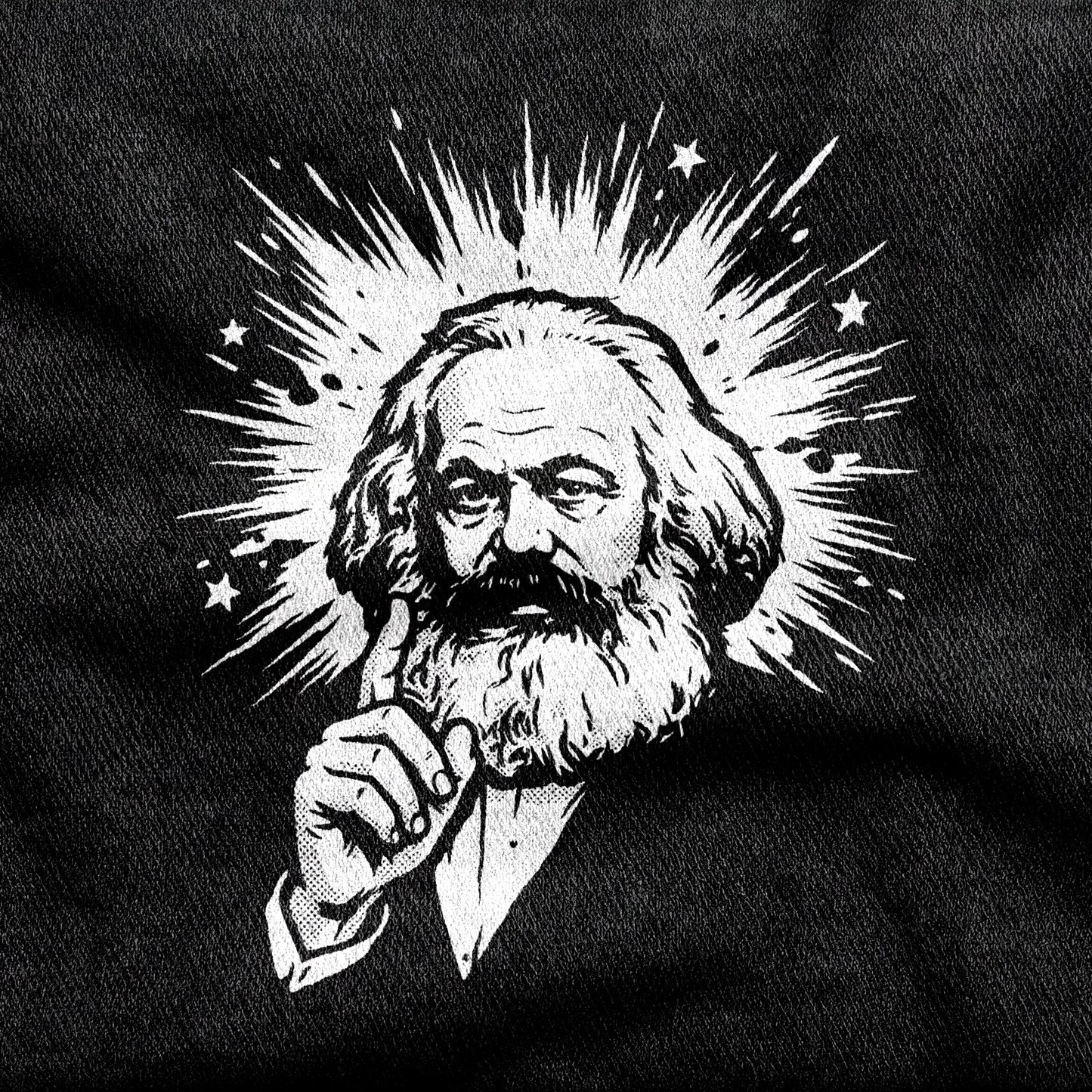 Marx My Words design printed on a black cotton tee, close-up