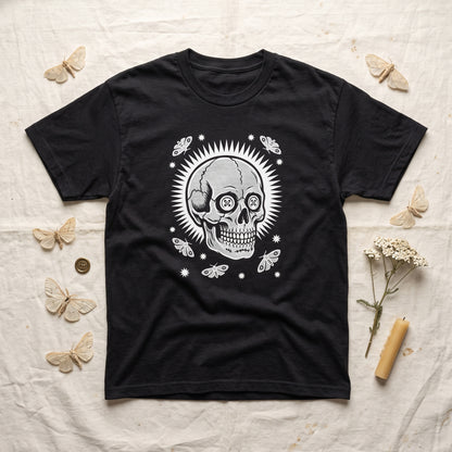 Memento Vivere black graphic tee, styled flat lay