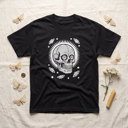 Memento Vivere black graphic tee, styled flat lay