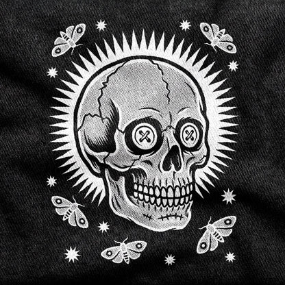Memento Vivere design printed on a black cotton tee, close-up
