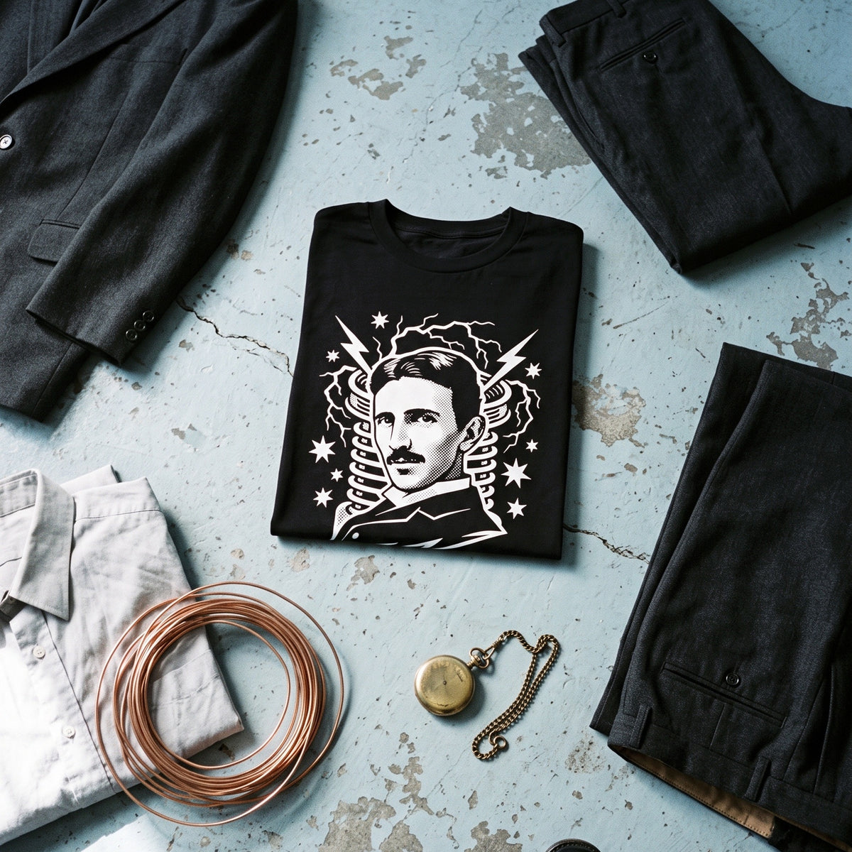 Nikola Tesla black graphic tee styled in a flat lay with matching pieces