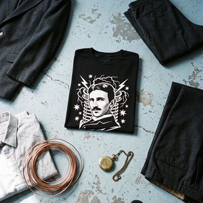 Nikola Tesla black graphic tee styled in a flat lay with matching pieces