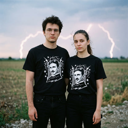 Two models wearing the Nikola Tesla black graphic tee