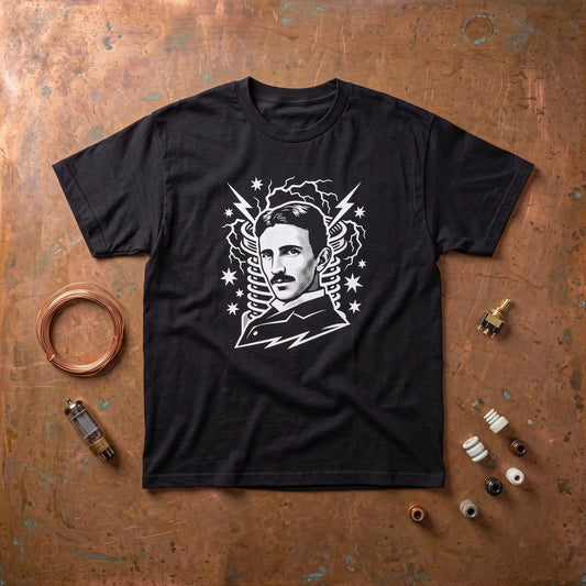 Nikola Tesla black graphic tee, styled flat lay