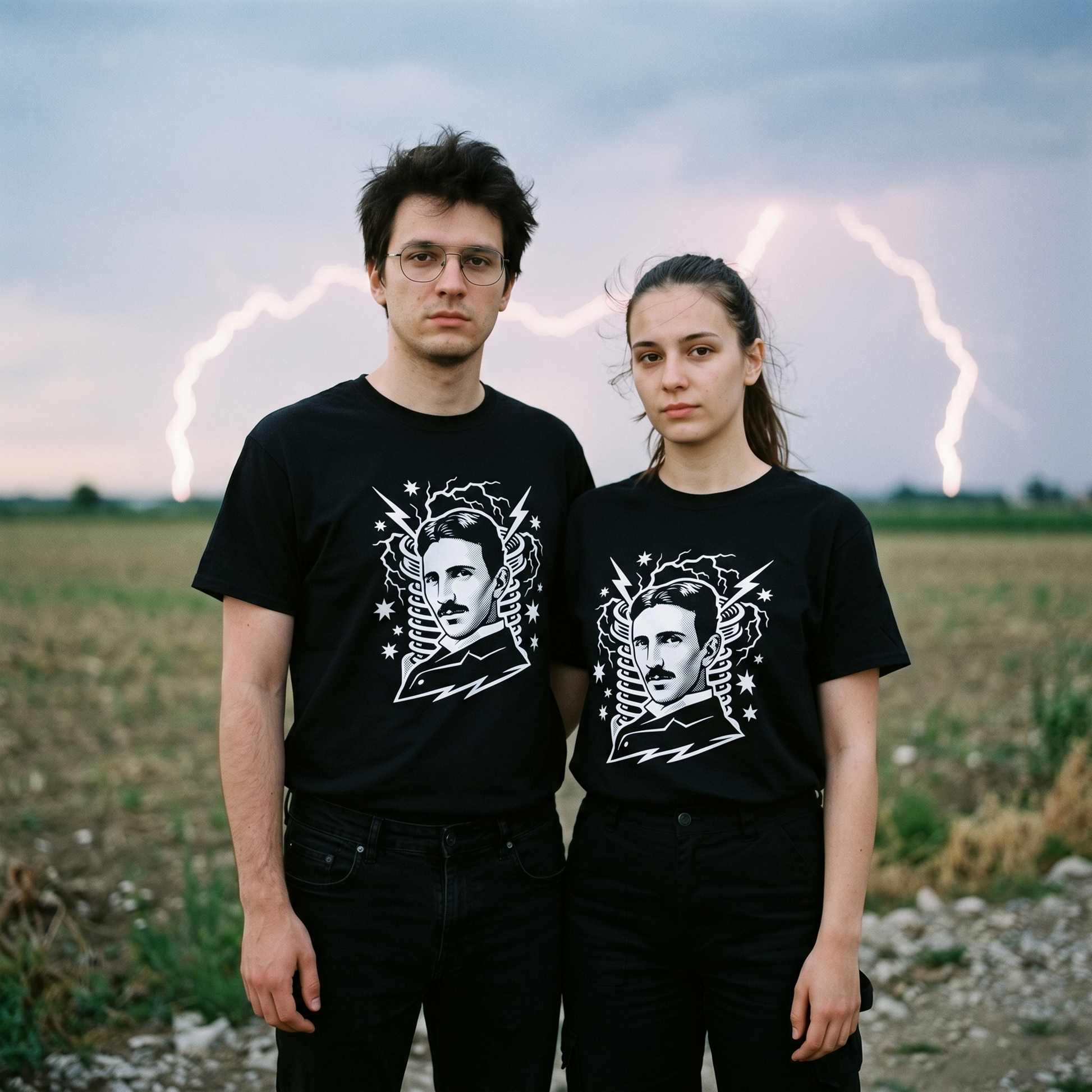 Two models wearing the Nikola Tesla black graphic tee