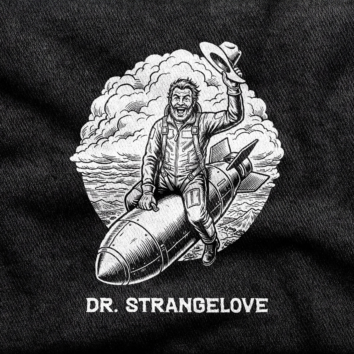 Dr. Strangelove design printed on a black cotton tee, close-up
