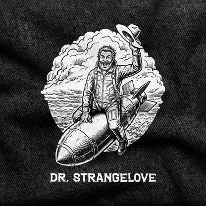 Dr. Strangelove design printed on a black cotton tee, close-up