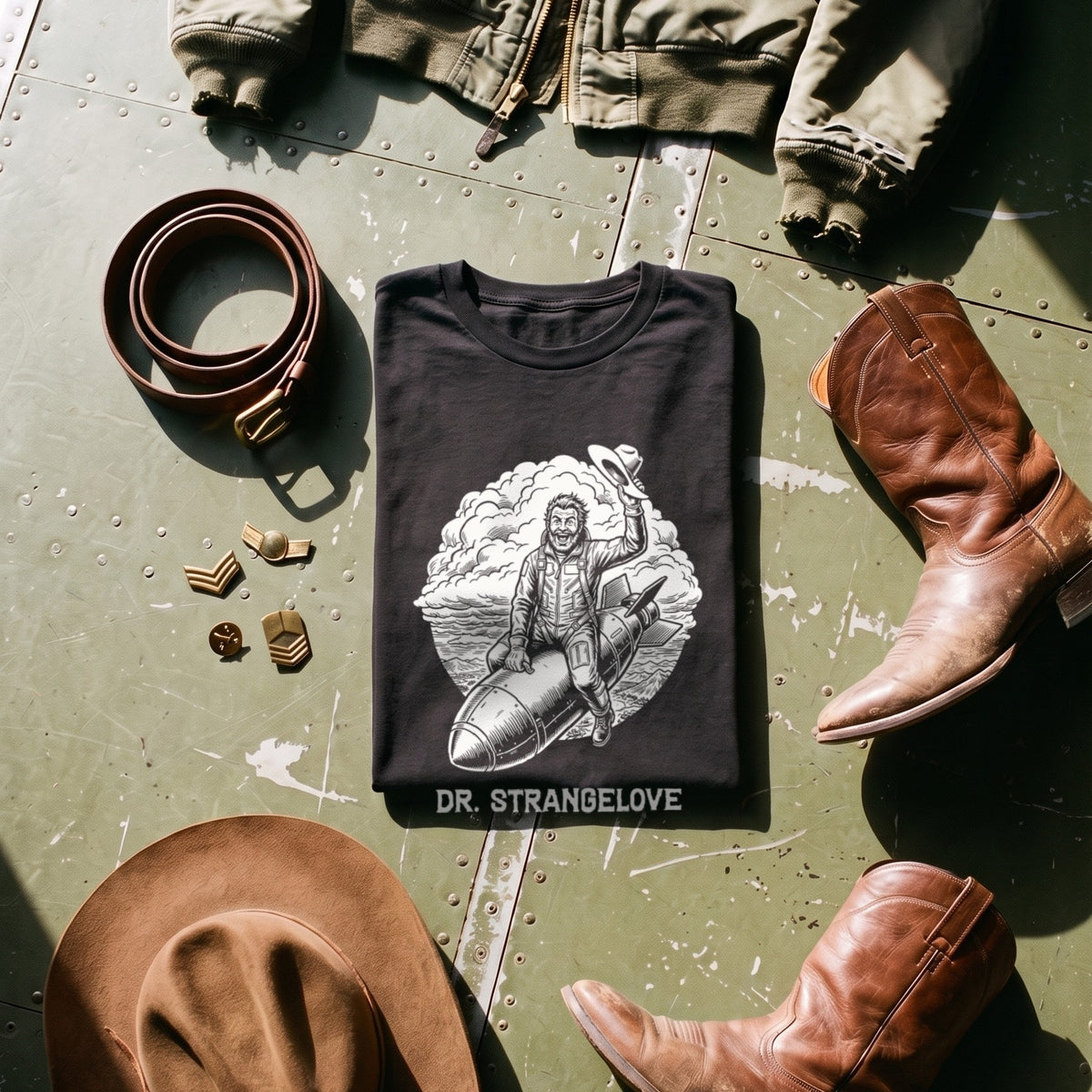 Dr. Strangelove black graphic tee styled in a flat lay with matching pieces