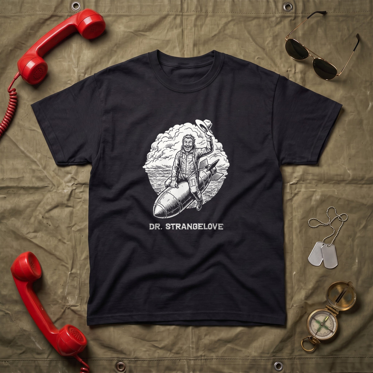Dr. Strangelove black graphic tee, styled flat lay