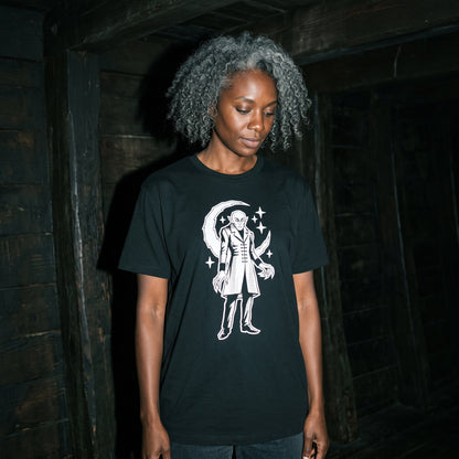Woman wearing the Nosferatu black graphic tee