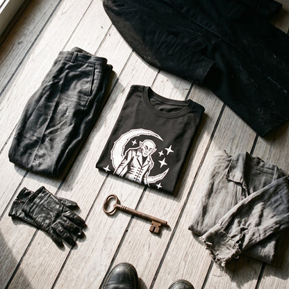Nosferatu black graphic tee styled in a flat lay with matching pieces