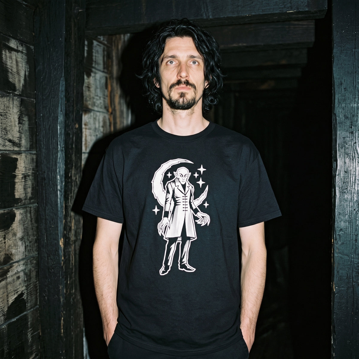 Man wearing the Nosferatu black graphic tee