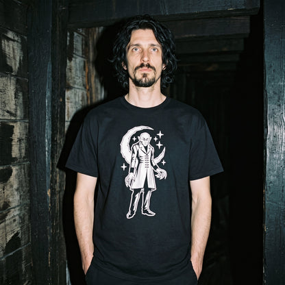 Man wearing the Nosferatu black graphic tee