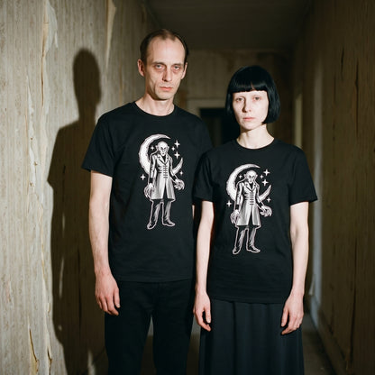 Two models wearing the Nosferatu black graphic tee