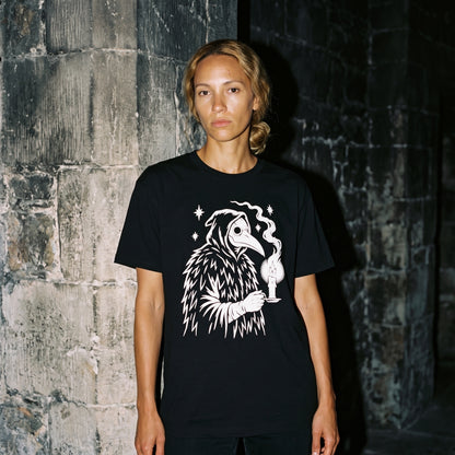 Woman wearing the Plague Doctor black graphic tee