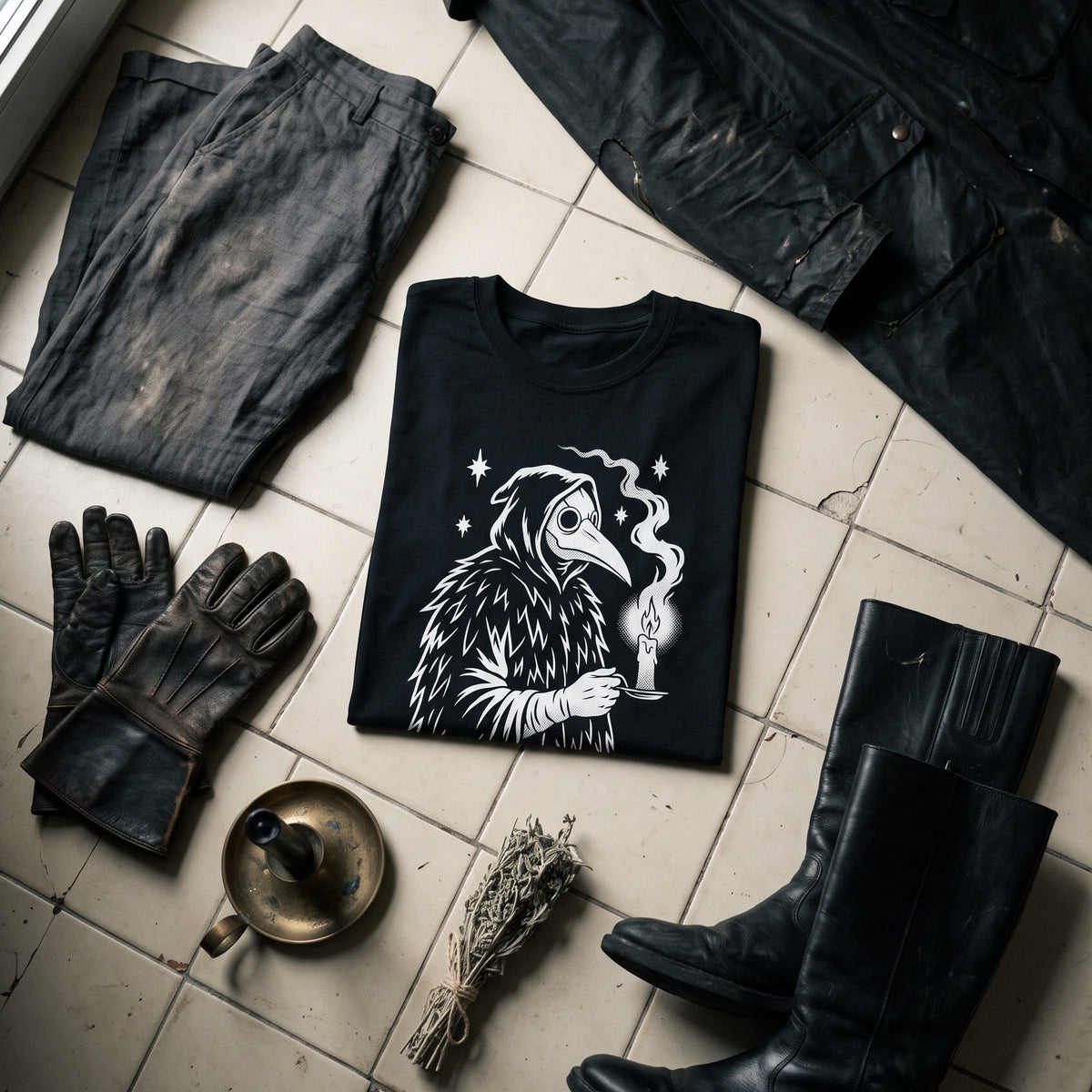 Plague Doctor black graphic tee styled in a flat lay with matching pieces