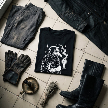 Plague Doctor black graphic tee styled in a flat lay with matching pieces