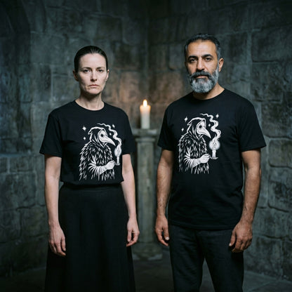 Two models wearing the Plague Doctor black graphic tee