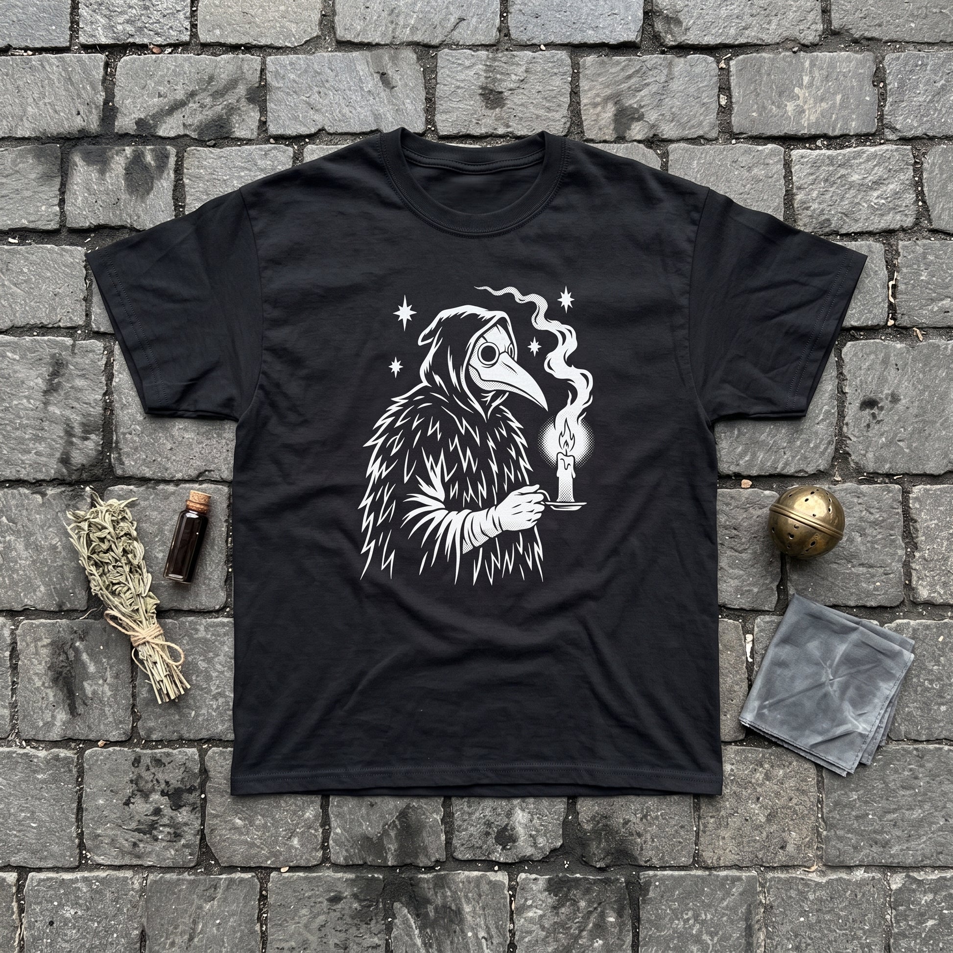 Plague Doctor black graphic tee, styled flat lay