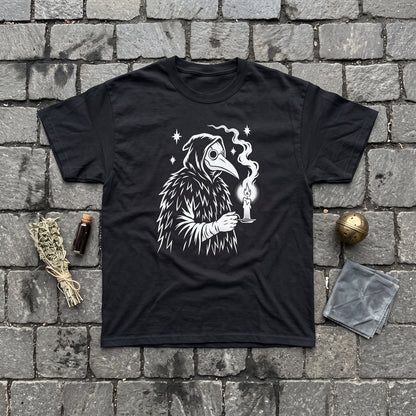 Plague Doctor black graphic tee, styled flat lay