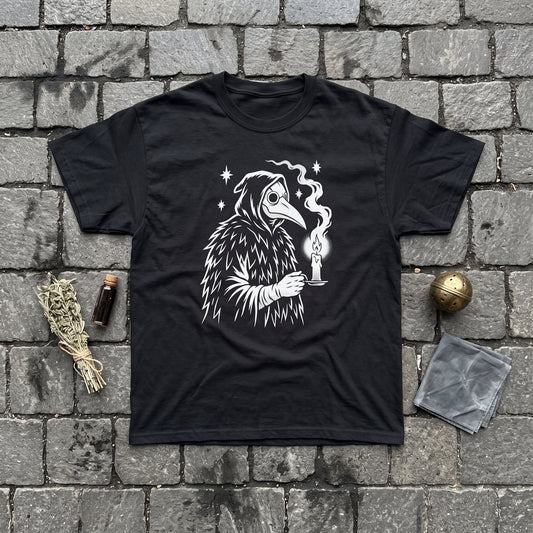 Plague Doctor black graphic tee, styled flat lay