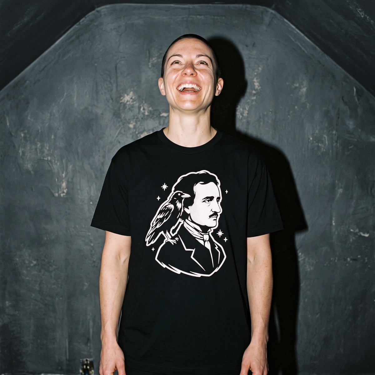 Woman wearing the Nevermore Edgar Allan Poe black graphic tee