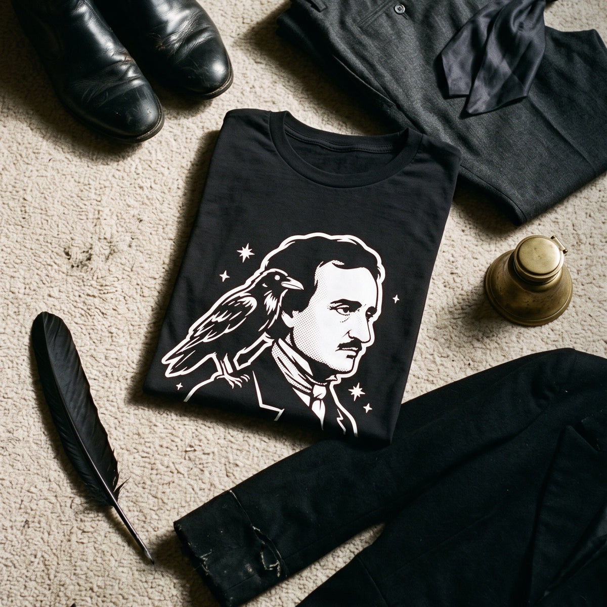 Nevermore Edgar Allan Poe black graphic tee styled in a flat lay with matching pieces