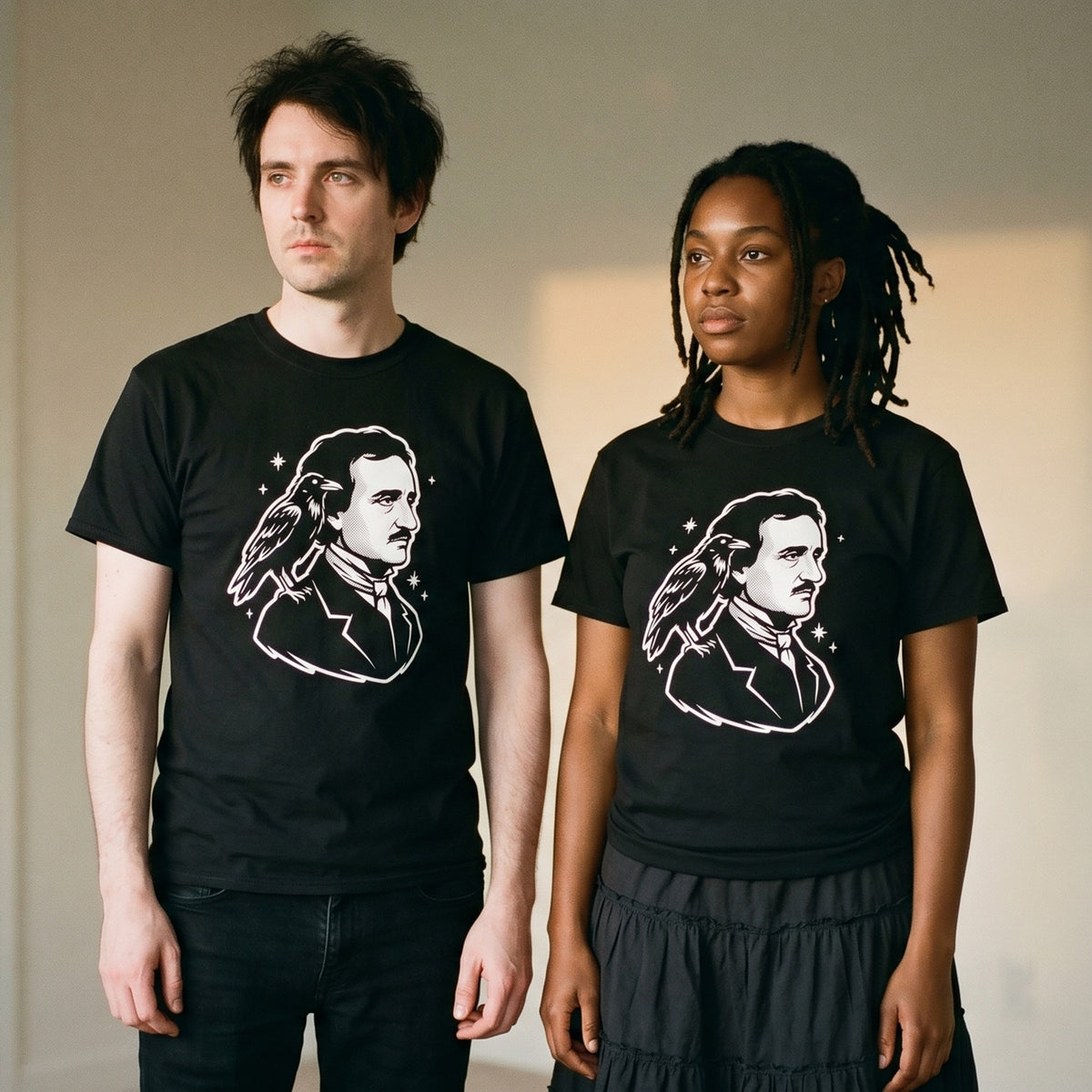 Two models wearing the Nevermore Edgar Allan Poe black graphic tee