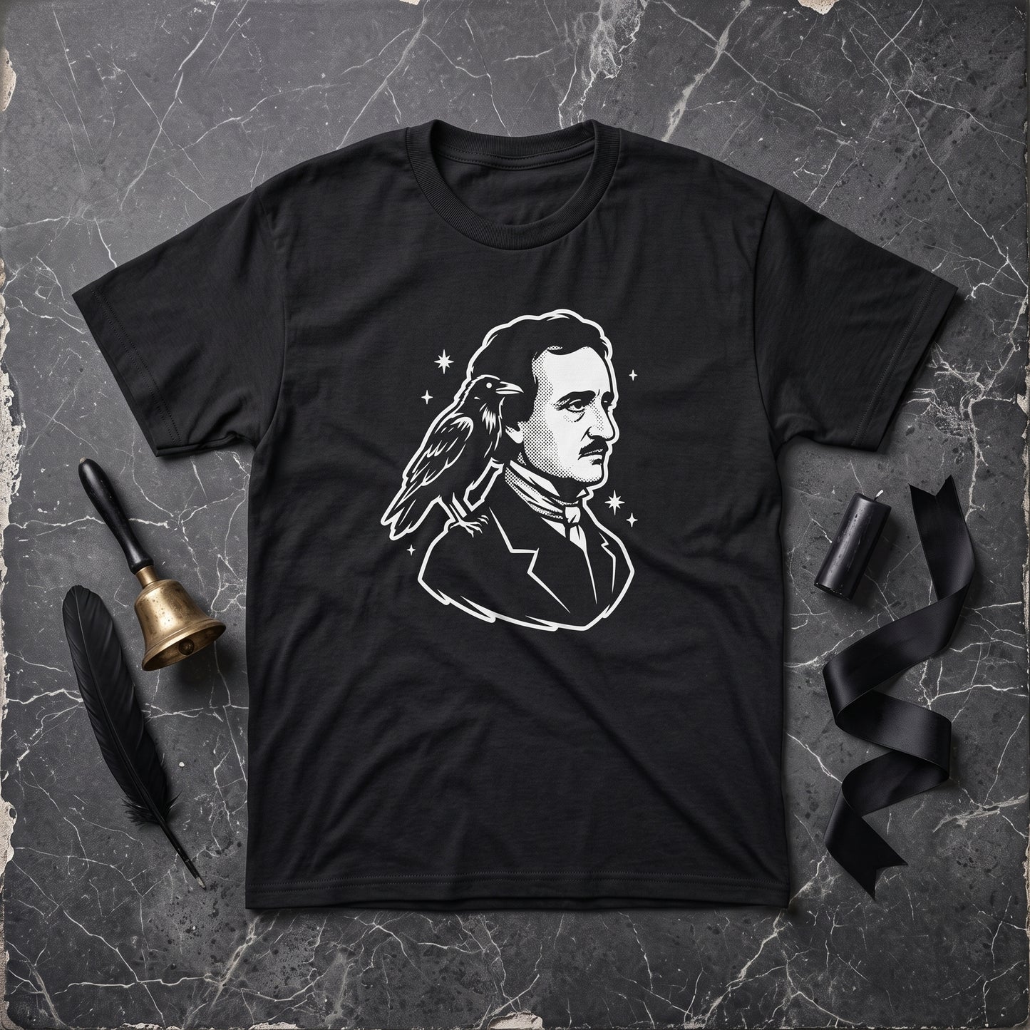 Nevermore Edgar Allan Poe black graphic tee, styled flat lay