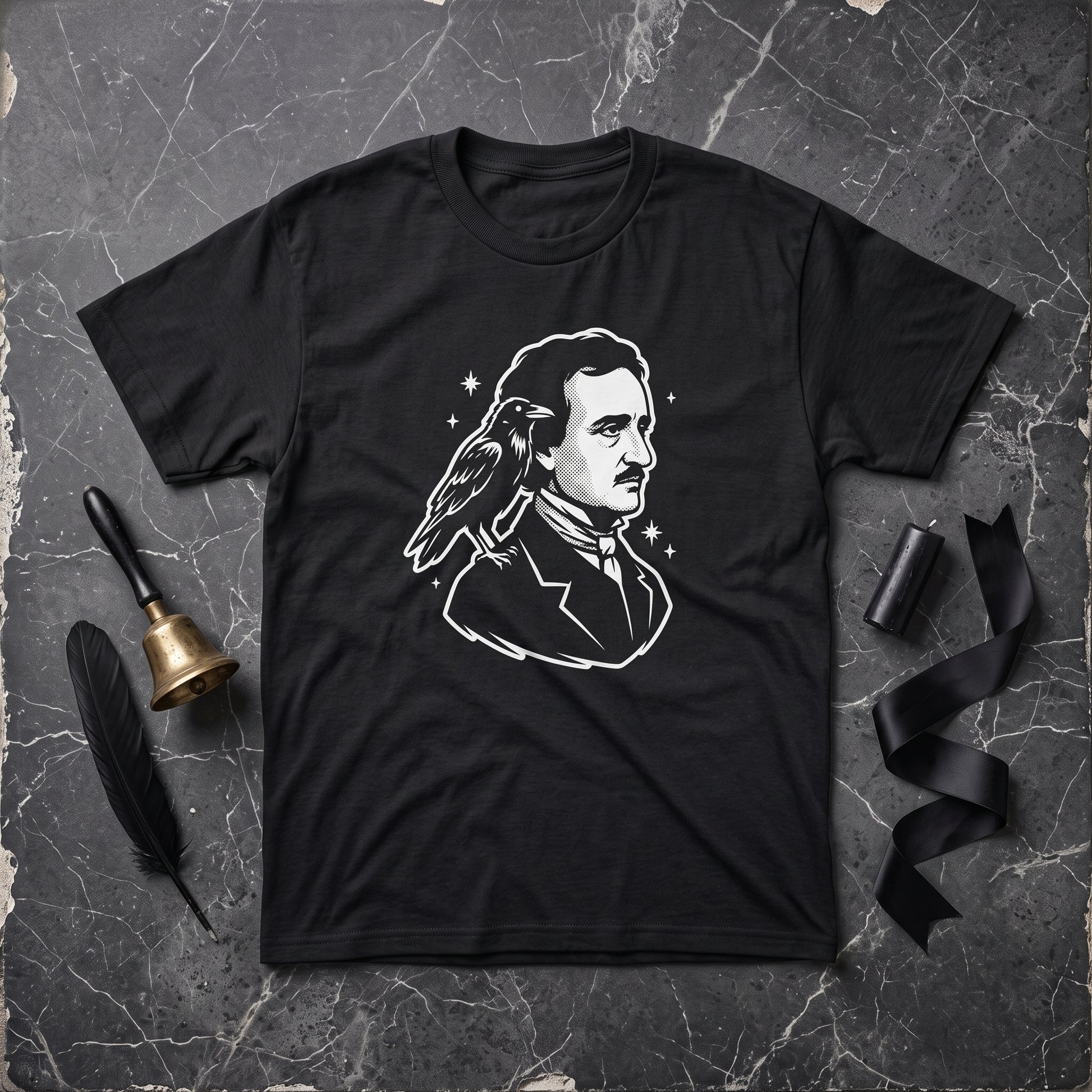 Nevermore Edgar Allan Poe black graphic tee, styled flat lay