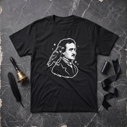 Nevermore Edgar Allan Poe black graphic tee, styled flat lay
