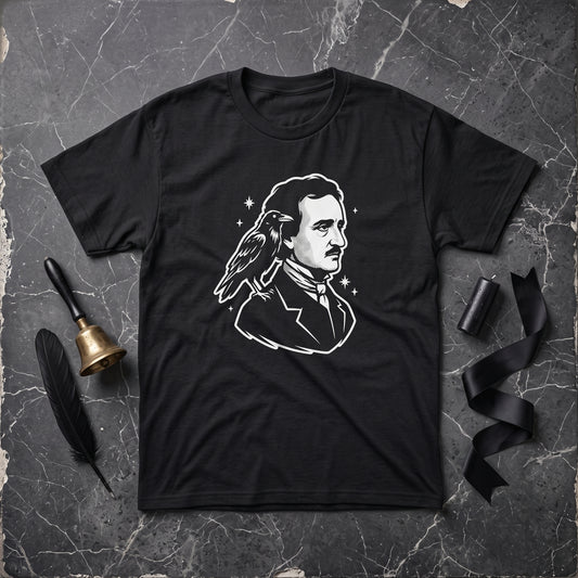 Nevermore Edgar Allan Poe black graphic tee, styled flat lay
