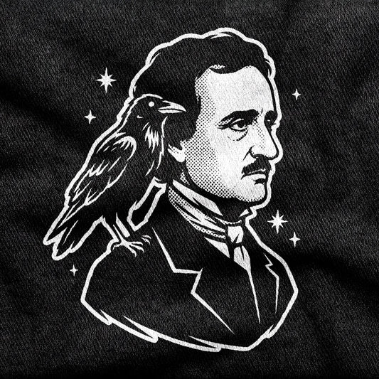 Nevermore Edgar Allan Poe design printed on a black cotton tee, close-up