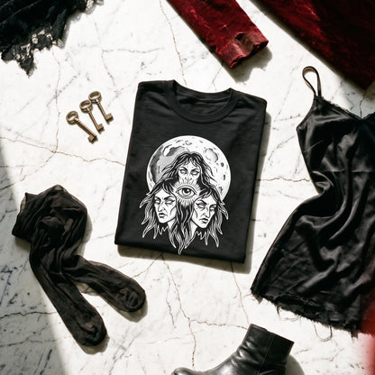 Three Mothers black graphic tee styled in a flat lay with matching pieces