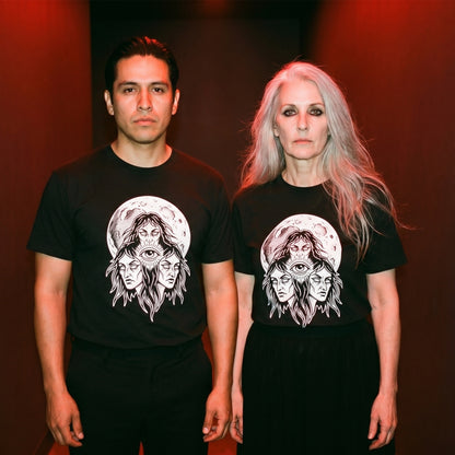 Two models wearing the Three Mothers black graphic tee