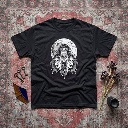 Three Mothers black graphic tee, styled flat lay