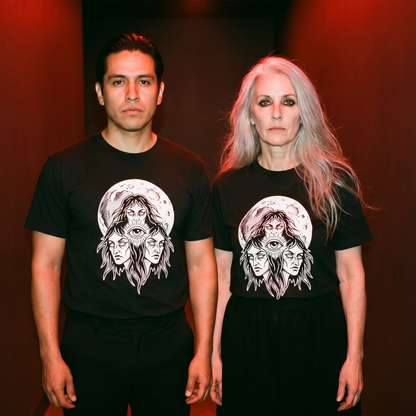 Two models wearing the Three Mothers black graphic tee