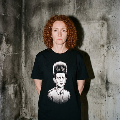 Woman wearing the Eraserhead black graphic tee
