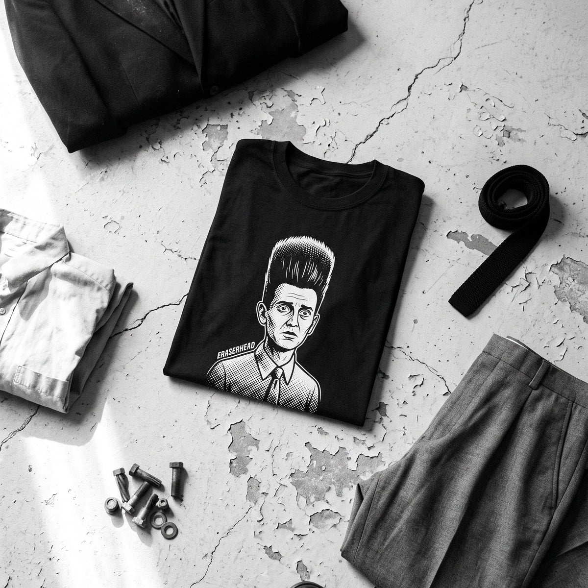 Eraserhead black graphic tee styled in a flat lay with matching pieces