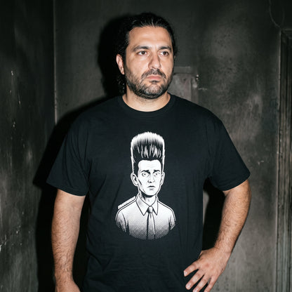 Man wearing the Eraserhead black graphic tee